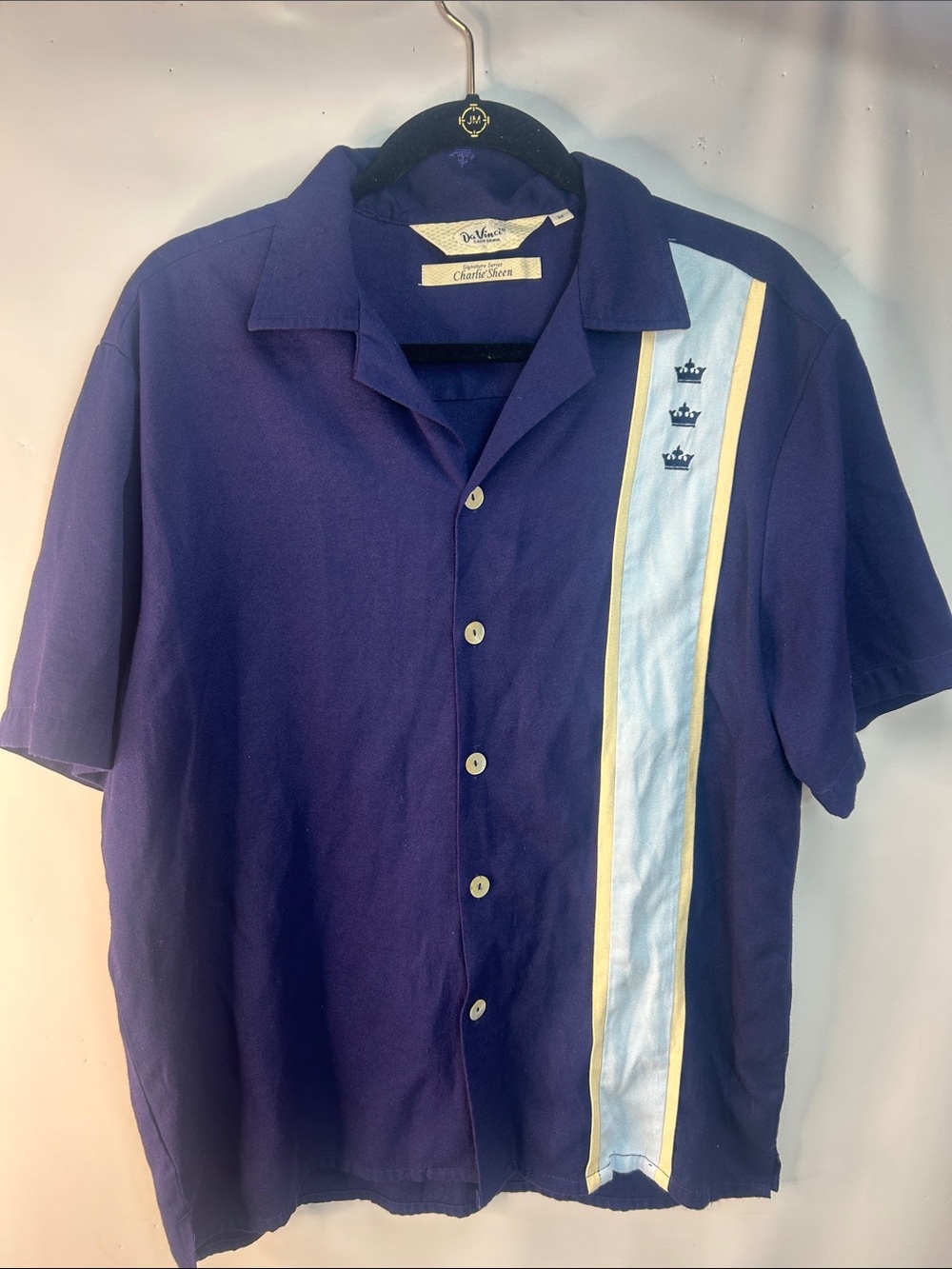 EVRI Purple Short-Sleeve Button-Down Shirt with Light Blue Stripe